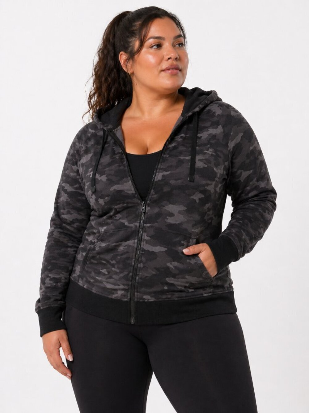 ATHLETA Triumph Camouflage Full Zip Hoodie Sweatshirt Black Gray 3X
